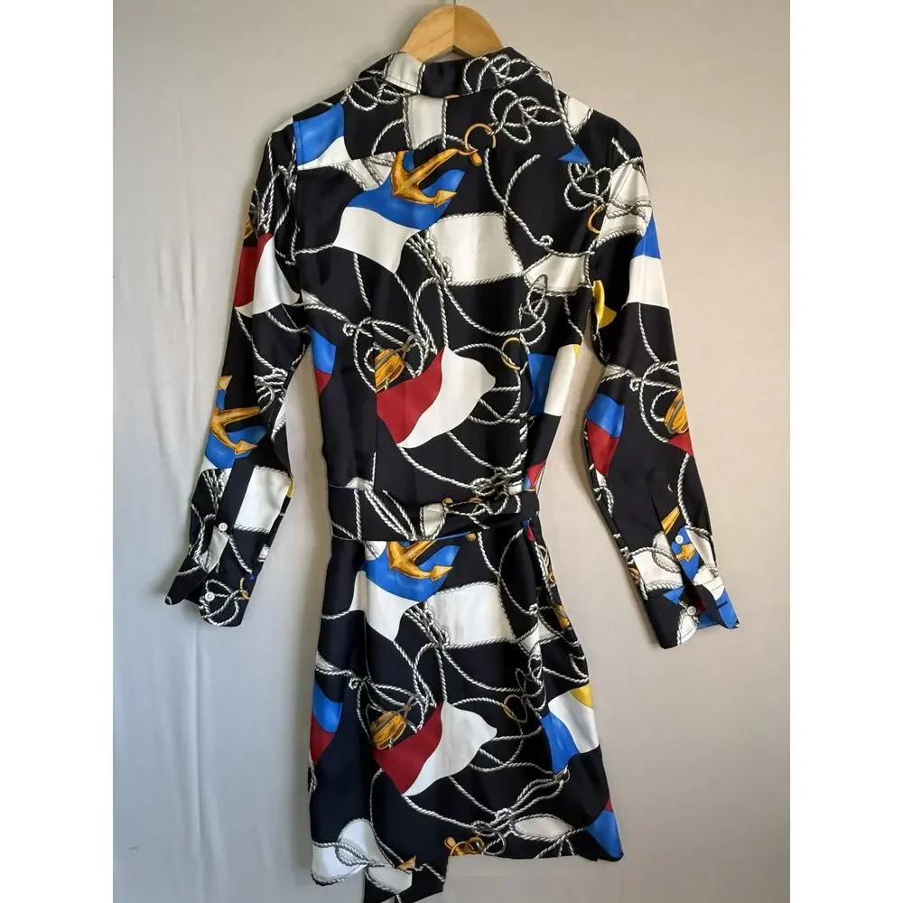Lauren Ralph Lauren Nautical Silk Shirt Dress Women’s Size 2 Rope Flag Anchor - Picture 2 of 7